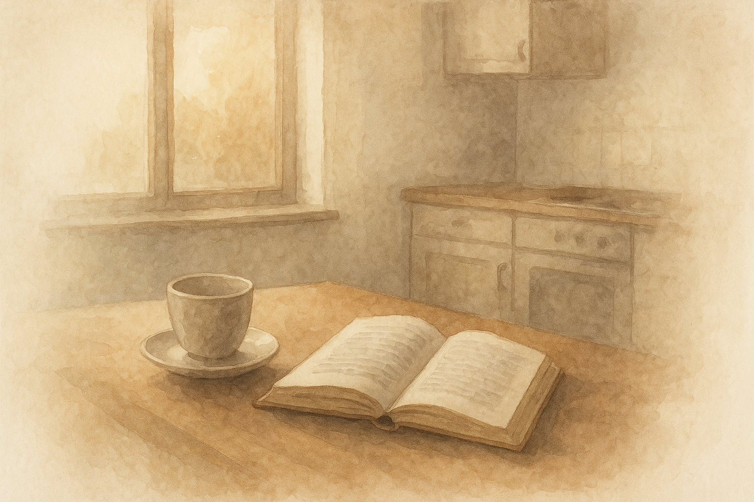 Eine stille, sonnendurchflutete Küche mit einer leeren Tasse und einem offenen Buch