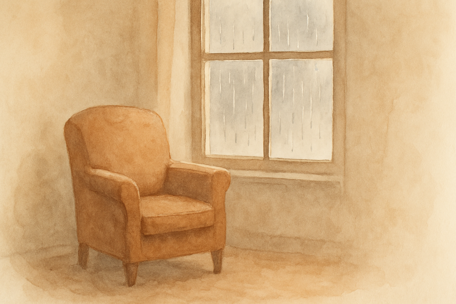 Ein leerer Sessel vor einem Fenster, draußen Regen