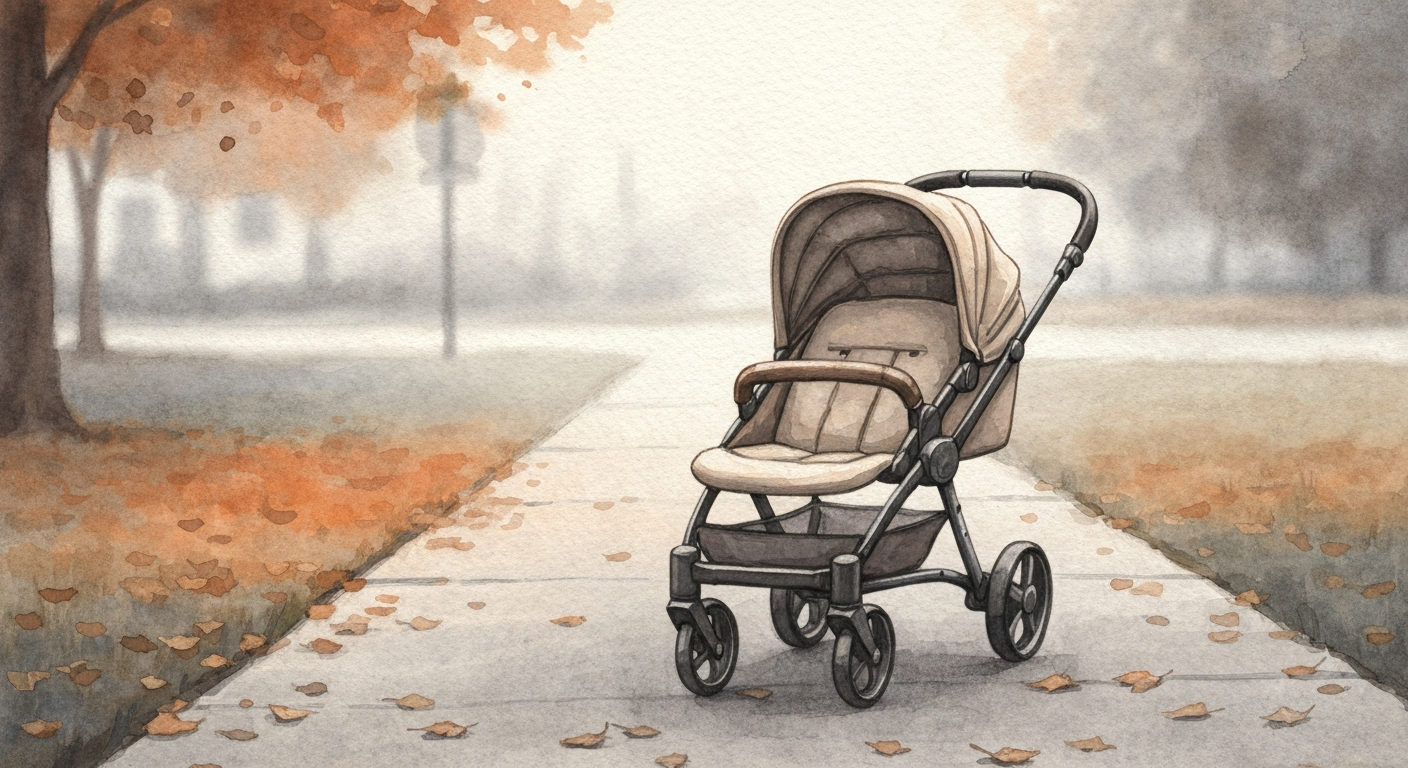 Ein Kinderwagen auf einem Gehweg, im Hintergrund unscharfer Herbstmorgen