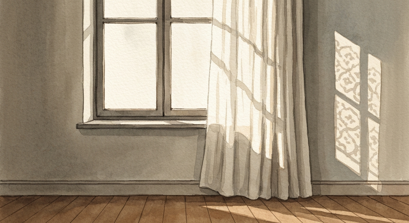Ein geöffnetes Fenster im Spätnachmittagslicht, der Vorhang bewegt sich leicht
