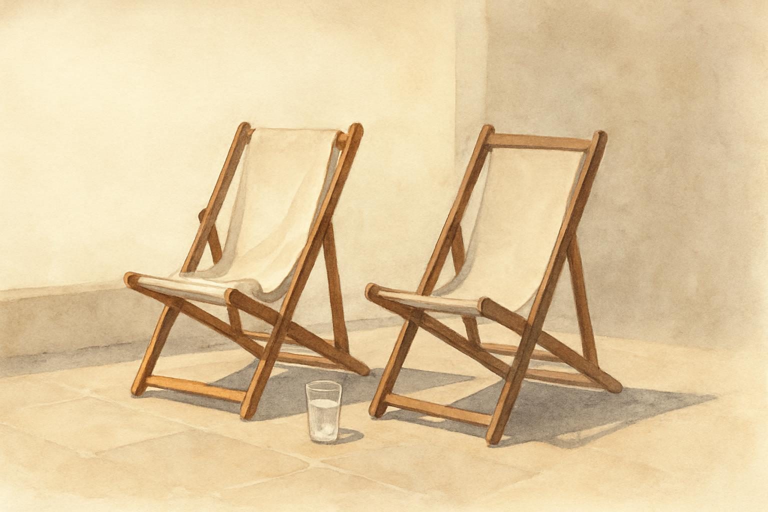 Zwei leere Liegestühle nebeneinander auf einer Terrasse, dazwischen ein Glas Wasser