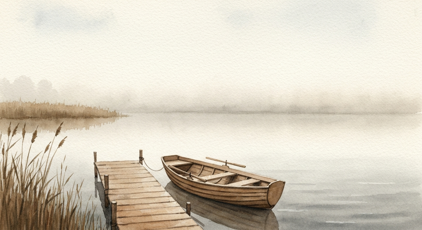 Ein See im frühen Morgennebel, am Ufer ein einzelnes Ruderboot